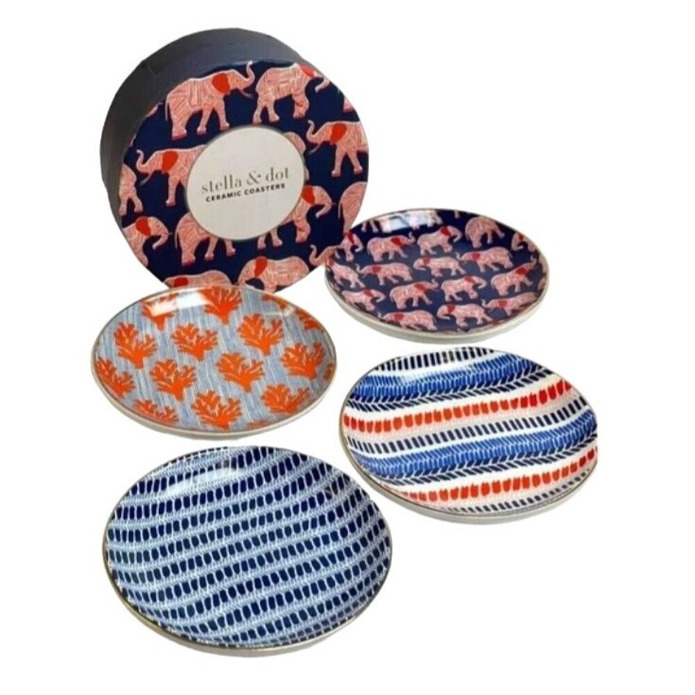 Stella & Dot Ceramic Coasters Assorted Designs 4 Prints Gold Trim NWT Boho Fun